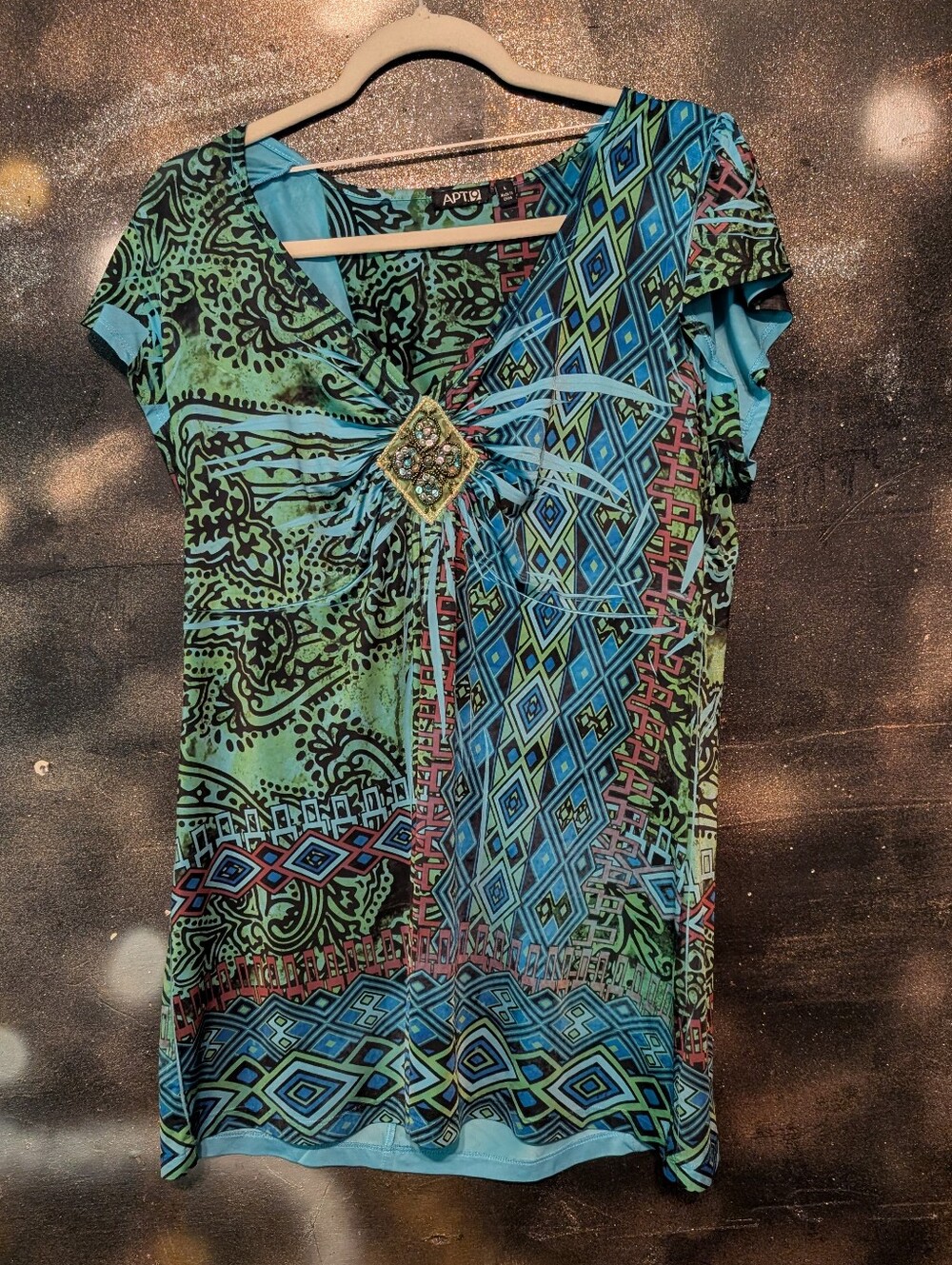Apt. 9 Blue & Green Geometric-Paisley Jewel V-Neck Short Sleeve Top